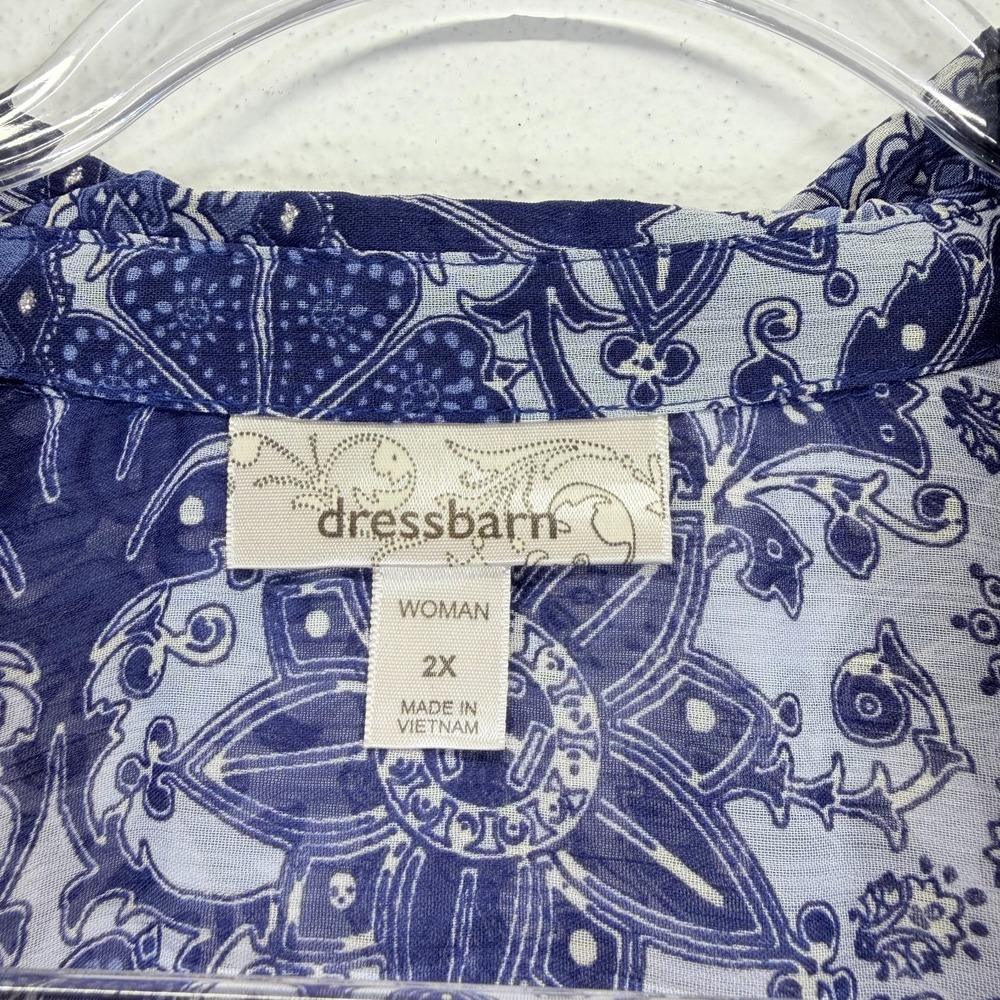 Dressbarn Patchwork Sheer Long Sleeve Button Up Blouse Boho Blue Tunic Size 2X - Picture 3 of 8